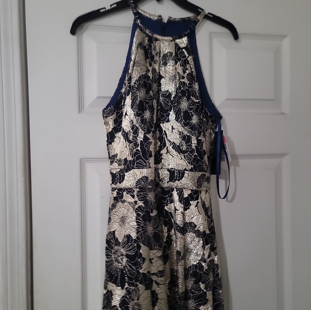 Betsy & Adam  Metallic Crinkle Sleeveless Halter Neck Foil Floral Print A-Line G - Picture 9 of 12